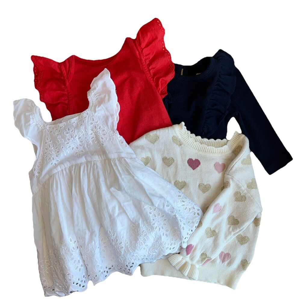 Gap Baby Girl 4 Piece Lot 3-6, 6-12, 12-18‎ Months Eyelet Dress, Tees, Sweater.